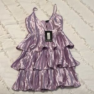 PrettyLittleThing Petite Lilac Plunge Satin Frill Swing Dress, size 6.